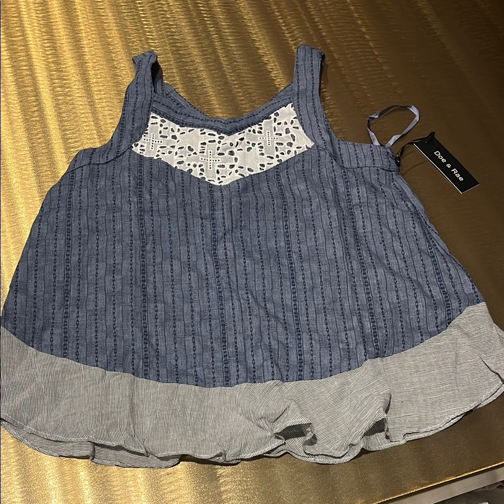 NWT Doe & Rae Blue Embroidered Tank